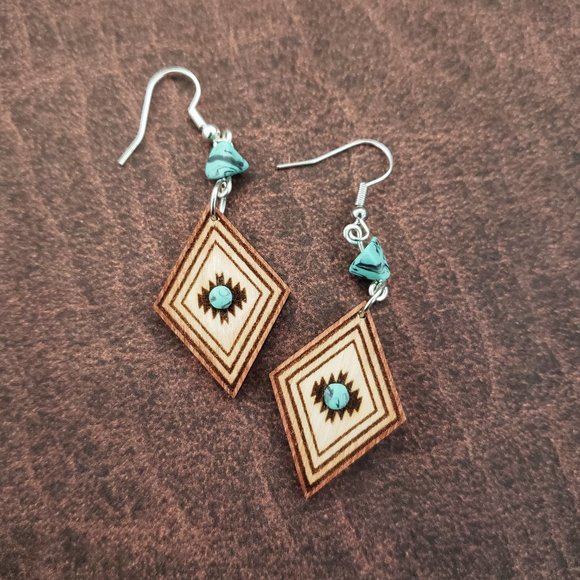 Southwestern Dangle Earrings | Engraved Wood Diamond with Faux Turquoise Stone - Picture 1 of 1